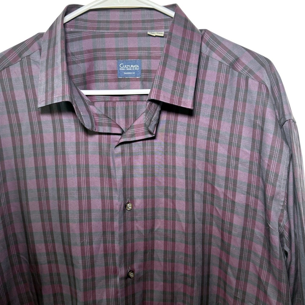 Culturata Roma Tailored‎ Fit Plaid Dress Shirt Men's XXL Burgundy Gray Italy